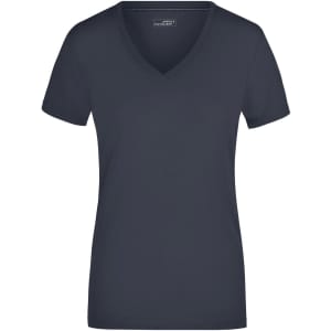 A navy ladies' stretch V-T-shirt with a V-neck and short sleeves, featuring a logo.
