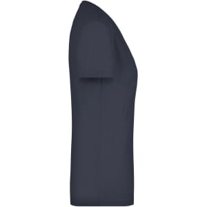A navy ladies' stretch V-neck t-shirt with a fitted silhouette and short sleeves. It features a logo on the side.