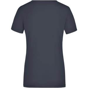 A dark navy ladies' stretch V-neck t-shirt with short sleeves and a fitted design. The back view is featured.