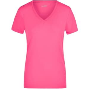 A pink ladies' stretch V-neck T-shirt with short sleeves and a fitted design. It features a logo.