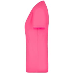 A pink women's V-neck t-shirt displayed from the side, featuring a fitted design and short sleeves.