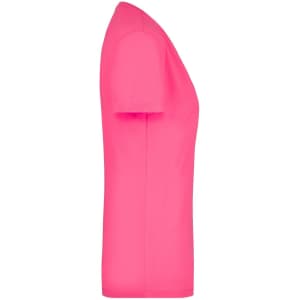 A vibrant pink ladies' t-shirt with short sleeves and a V-neck design. Features a small logo.