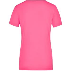 A pink ladies' V-neck t-shirt with a short sleeve design. The shirt features a branding logo.