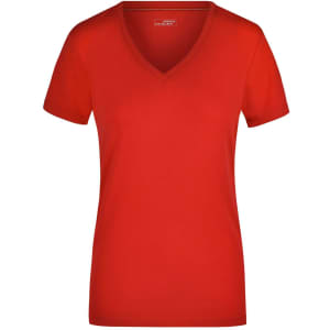 A red ladies' stretch V-neck t-shirt with short sleeves and a simple design, featuring a logo.