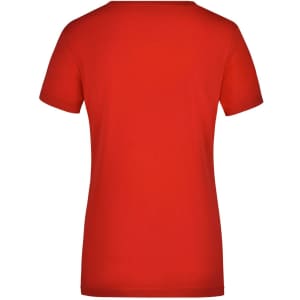 A red ladies' short sleeve V-neck t-shirt featuring a fitted design and no visible logos.