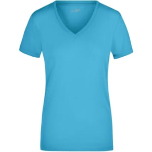 A ladies' short-sleeve V-neck t-shirt in bright blue, featuring a logo on the neckline.