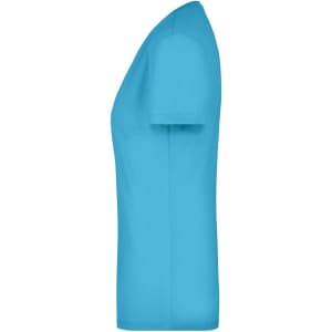 A blue ladies' stretch V-neck t-shirt displayed from the side, featuring a fitted silhouette and a logo.