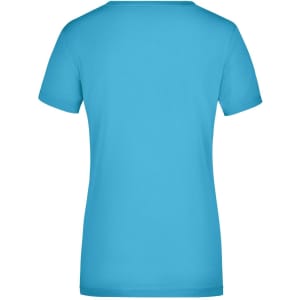 A blue ladies' V-neck T-shirt featuring a fitted design and short sleeves, with a logo on the back.