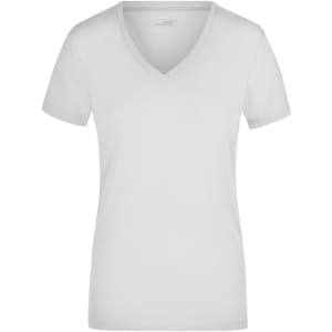 A white Ladies Stretch V-T shirt with short sleeves and a V-neck. The shirt features a logo.