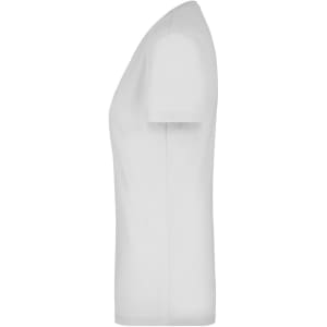 A white ladies' stretch V-neck T-shirt with a sleek, fitted design. It features a logo on the garment.