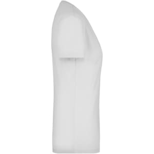A white ladies' V-neck T-shirt with a fitted design, featuring a slight stretch and a plain profile.