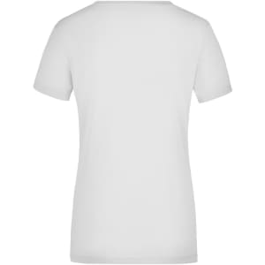 A white Ladies Stretch V-T shirt featuring a fitted design and short sleeves. The back view highlights its simple style.