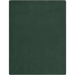 A soft, dark green fleece blanket featuring a smooth texture and a simple design. It has a branding logo.