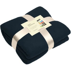 A navy blue fleece blanket, neatly folded and tied with a ribbon. It includes a packaging label.