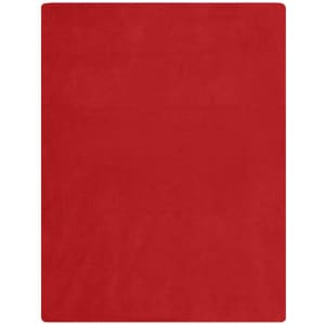 A red fleece blanket with a smooth texture, featuring a logo on one corner.