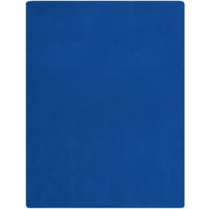 A blue fleece blanket displayed flat, featuring a smooth texture. The blanket has a logo in one corner.