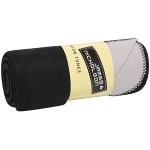 A rolled-up bonded fleece blanket in black and grey with a logo on the packaging.