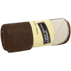 A rolled Bonded Fleece Blanket featuring a brown and cream colour scheme, with a logo on the band.