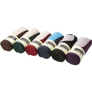 A collection of rolled bonded fleece blankets in various colours including green, burgundy, blue, black, and purple, each with branding.