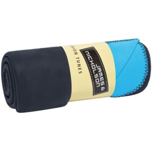 A rolled bonded fleece blanket in navy blue and light blue, featuring a logo on a label.