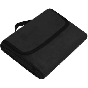 A folded black picnic blanket with a strap, featuring a simple border design.
