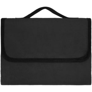 A black picnic blanket with a foldable design and a handle for easy carrying. Features stitching along the edges.