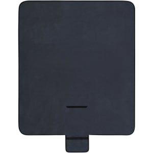 A navy blue picnic blanket with a flat shape and a small attachment at the bottom. It features a logo.