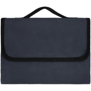 A navy picnic blanket with a fold-over design and black trim, featuring a handle for easy carrying.