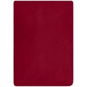 A red fleece blanket with a soft texture and edges that appear stitched, featuring a branding logo.