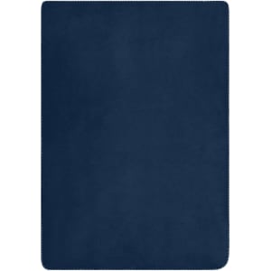A navy blue fleece blanket with a soft texture and stitched edges, featuring a logo in one corner.