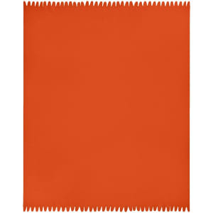 An orange fleece blanket with a zigzag edge design. It has a plain surface and features a logo.