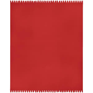 A red fleece blanket with a textured, zigzag edge. It features a logo in one corner.