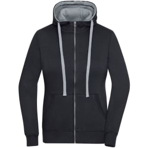 A black zip-up hoodie with a grey interior and grey drawstrings, featuring a front pocket and a logo.