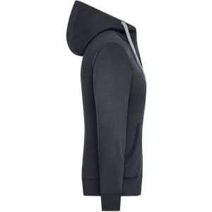 A ladies' zip hoodie in navy blue with a grey hood and a front pocket, featuring a logo.