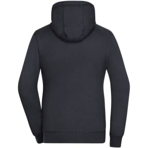 A black zip-up hoodie with a hood, featuring long sleeves and a back view. It includes a logo on the fabric.