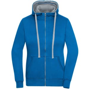 A blue zip-up hoodie with a grey-lined hood and grey drawstrings, featuring a front pocket and a branding logo.