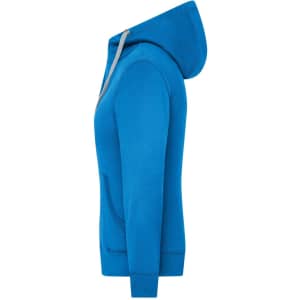 A blue zip hoodie featuring a hood and front pockets, with a logo on the side.