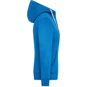 A blue ladies' zip-hoodie with a hood, featuring a front pocket and a sleek, fitted design.