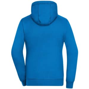 A blue zip-up hoodie with a hood, featuring long sleeves and a logo on the back.