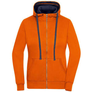 An orange zip-up hoodie with a navy blue inner hood and drawstrings, featuring a front pocket and a logo.