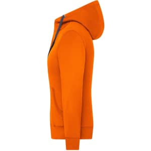 An orange zip-up hoodie with a hood and pockets, featuring a logo on the front.