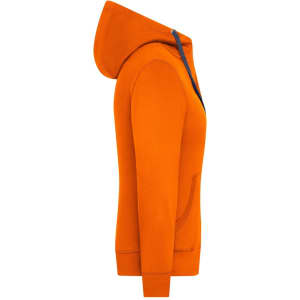 An orange zip-hoodie featuring a hood and side pockets, with a logo on it.