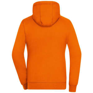 An orange hoodie featuring a hood and long sleeves, with a logo on the back.