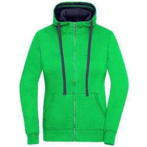 A green zip hoodie with a dark blue inner lining and two front pockets. It features a hood and a zip closure.
