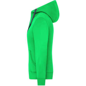 A green zip hoodie featuring a hood and a front pocket. It has a logo on the side.