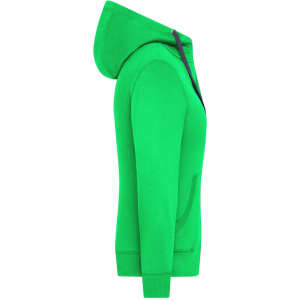 A bright green zip-up hoodie featuring a hood and front pockets, with a logo on the garment.