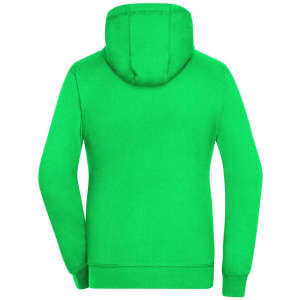 A green zip-up hoodie with a hood, featuring long sleeves and a plain back design.
