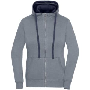 A grey ladies zip-hoodie featuring a navy hood and drawstrings, with front pockets and a zipper closure.