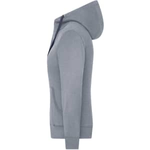 A grey ladies zip hoodie with a hood and front pocket, featuring a logo on the chest area.