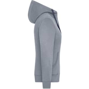 A grey zip-up hoodie featuring a hood and a side pocket, with a logo on the fabric.